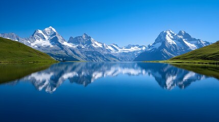 Bachalpsee Lake with snow capped mountains reflecting in blue water
