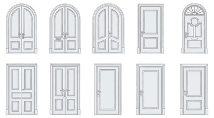 Illustration of ten unique door designs featuring arched and rectangular styles with decorative panels and glass elements &ndash; ideal for architectural references, interior design, and construction planni