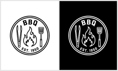 BBQ Grill Logo Emblem with Vintage Flame Tongs Spatula - Retro Barbecue Badge Design logotypelogoico.