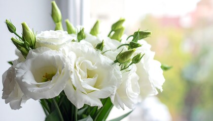 Obraz premium Close-up of a bouquet of white flowers in a sunny indoor setting