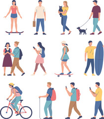 Flat vector illustration of diverse people walking, cycling, skateboarding, surfing, and using smartphones in everyday urban outdoor activities