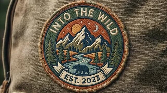 An embroidered circular patch depicts a vibrant outdoor scene with majestic mountains, a flowing river, pine trees, and a bear.