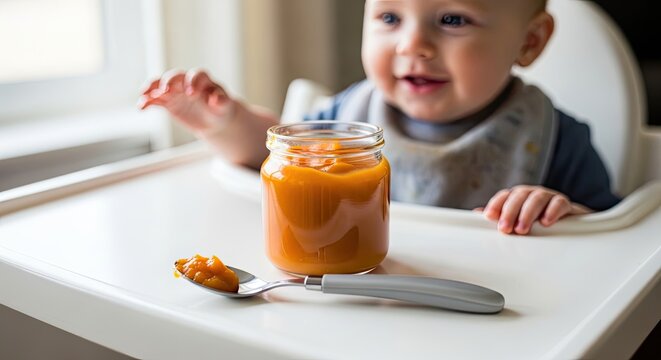 A baby in a high chair with a jar of baby food on a white table.