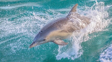 cetacean. Dolphin leaping from turquoise ocean waters, dynamic marine life in motion. wildlife magazines, conservation campaigns, designed for nature documentaries and education.
