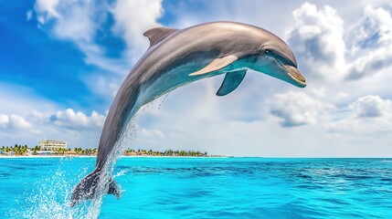 cetacean. Dolphin leaping from turquoise ocean waters, dynamic marine life in motion. wildlife magazines, conservation campaigns, designed for nature documentaries and education.