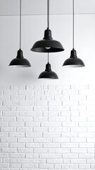 Obraz premium Four black pendant lights hang over a white brick wall, minimalist interior shot