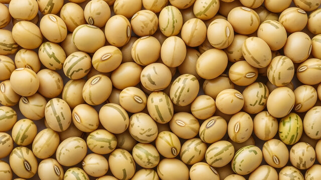 Full frame close-up of numerous dried organic soybeans with natural green stripes scattered across a surface, highlighting their healthy, raw, and nutritious qualities as a plant-based food ingredient