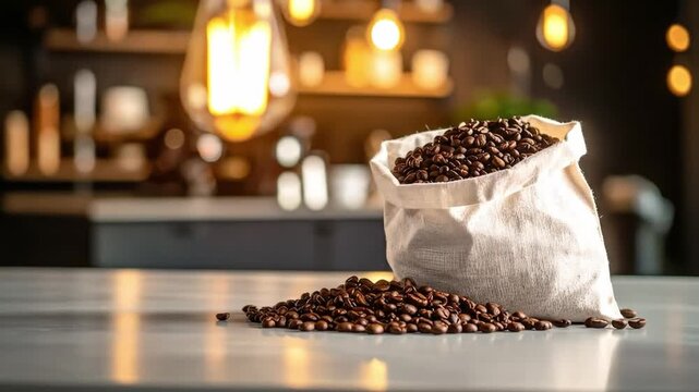 Fresh roasted coffee beans spilling from a burlap sack on a wooden surface