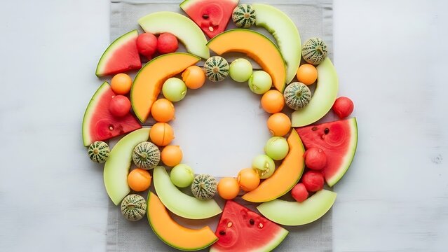 Festive wreath of mixed melons for a fresh summer fruit arrangement