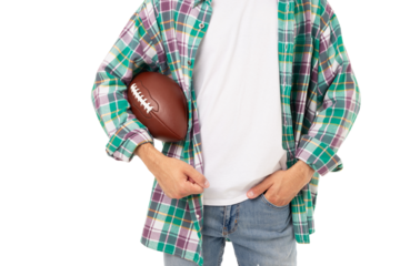 Person in plaid shirt holds football proudly, isolated, PNG