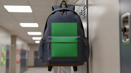 A school backpack is hanging on a locker in the hallway with a green panel for customization. This image represents education and everyday life