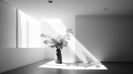 Minimalist interior space showcases dramatic diagonal sunlight streaming across the floor illuminating a tall vase with delicate foliage.