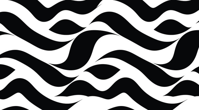 Abstract black-and-white pattern of curved, interwoven shapes creating rhythmic visual flow &ndash; ideal for optical art, textile design, motion graphics, and high-contrast decorative or conceptual composi