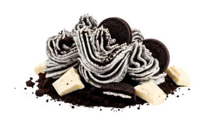 Indulgent sweet treat with dark chocolate cookie crumbles, creamy swirled topping, small chocolate biscuits, and bright white chocolate pieces, presented artfully on a white background