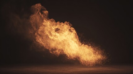 ferocity. Dramatic flames with intense orange and yellow hues isolated against a dark atmospheric background. STEM education sheets, lab safety posters, designed for biotech research communications.