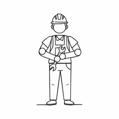 Line art illustration of a construction worker holding a wrench.