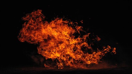 ferocity. Dramatic flames with intense orange and yellow hues isolated against a dark atmospheric background. STEM education sheets, lab safety posters, designed for biotech research communications.