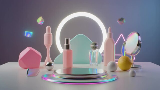 Commercial flatlay of a futuristic desk setup. Objects include a ring light halo, mic, and perfume bottle on matte pastel plastics and chrome accents. Bubblegum pink and mint hologram lighting.