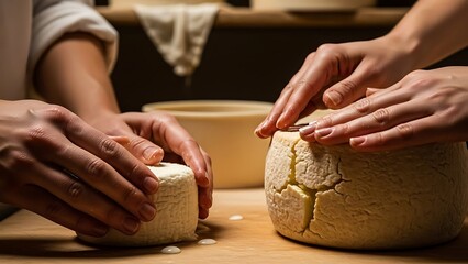Artisanal cheese crafting involving hands and traditional methods of cheese maturation