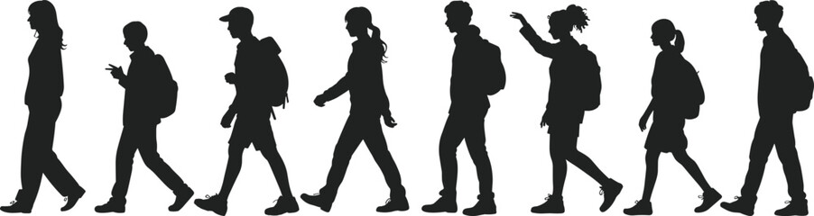 Diverse group of young people walking silhouettes, travelers or students, hiking, outdoor activity, full length, black vector illustration, white background.