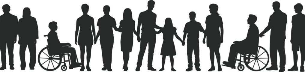 Large anonymous group of diverse people, including children and wheelchair users, holding hands, symbolizing global community, inclusion, unity, and support.