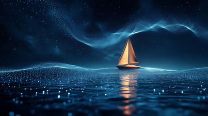 Small sailboat with glowing orange sail floating on dark blue fantasy ocean with abstract waves