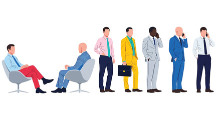 Illustration of six men in business attire transitioning from seated to standing, with mobile phones and briefcase – ideal for workplace interaction visuals, corporate diversity, and professional acti