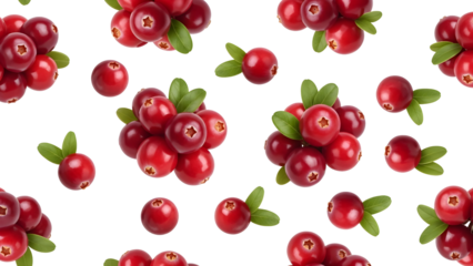 Vibrant red cranberries with fresh green leaves scattered across a pristine white background, showcasing their natural beauty and healthy goodness in a delightful pattern