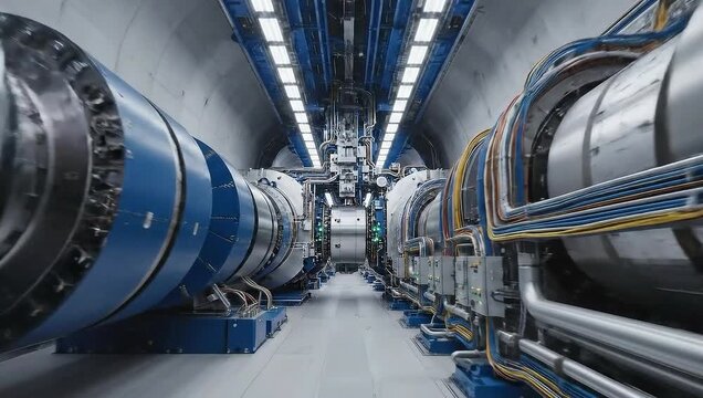 Interior view of a high-tech particle accelerator tunnel featuring superconducting magnets and complex scientific equipment for nuclear physics research