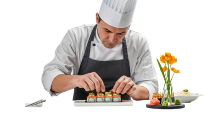 A chef meticulously preparing sushi rolls with artistic precision, isolated on transparent background