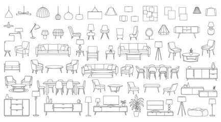 Line drawing collection of furniture and home decor items including lamps, chairs, tables, shelves, and plants &ndash; ideal for interior design references, architectural planning, and visual style catalogs