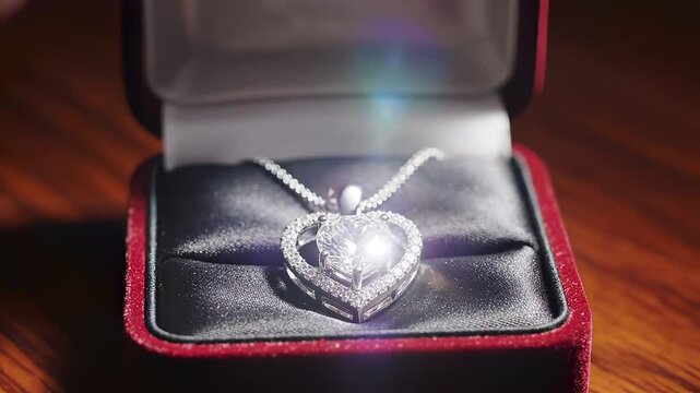 Sparkling silver heart shaped diamond necklace in red box slow motion