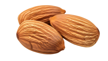 Close-up studio shot of three raw whole almonds, showcasing their textured shells and rich brown color, ideal for healthy eating, baking, or snacking