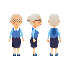 Front, side, back view animated character. Elderly woman character creation set with various views. Cartoon flat vector