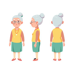 Front, side, back view animated character. Elderly woman character creation set with various views. Cartoon flat vector