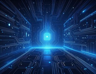 Futuristic digital circuit room with glowing central core