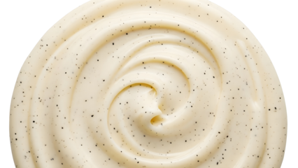 Creamy swirl of vanilla yogurt or ice cream with dark speckles, a delicious dessert or breakfast topping