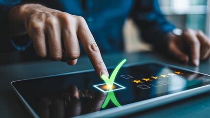 Hand tapping digital checkmark on tablet screen with customer rating interface  

