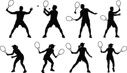 Dynamic tennis player silhouette collection illustrating various action poses in detailed vector style for sports design, athlete graphics, training concepts, and energetic artwork
