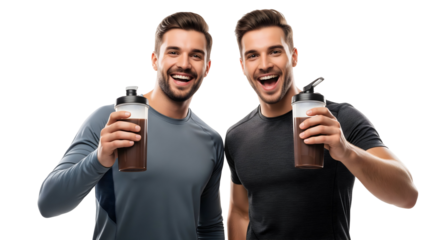 Two men in sportswear, each holding a shaker with a protein shake and smiling enthusiastically. The two guys is representing sport activity and healthy lifestyle, isolated on transparent background