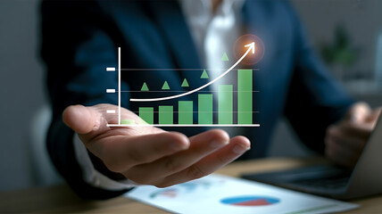 Growth chart soaring in a hand conveys positive business growth projections, finance, and investment towards success achievement and wealth