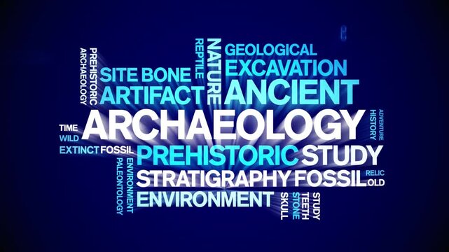 Archaeology animated word cloud-text design animation tag kinetic typography seamless loop.