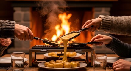Cozy Raclette Dinner with Melting Cheese and Fireplace