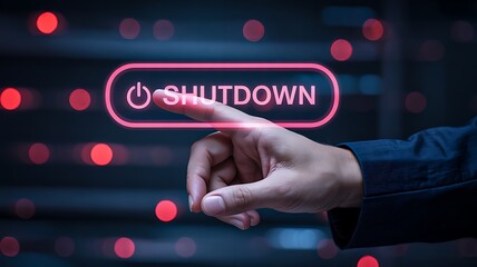 Hand pressing digital shutdown button on futuristic technology interface  
