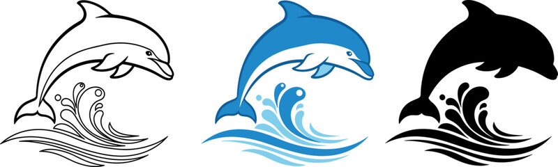 Naklejka premium Jumping Dolphin on Water Wave Logo Design in Line Art, Color, and Silhouette Styles.