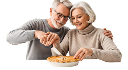 A senior couple happily cutting a pie together, symbolizing togetherness and shared moments, isolated on transparent background