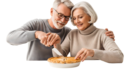 A senior couple happily cutting a pie together, symbolizing togetherness and shared moments, isolated on transparent background