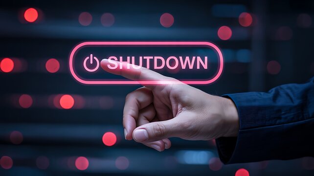 Hand pressing digital shutdown button on futuristic technology interface
- Powered by Adobe