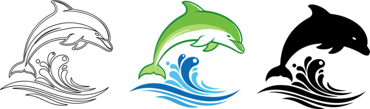 Jumping Dolphin on Water Wave Logo Design in Line Art, Color, and Silhouette Styles.