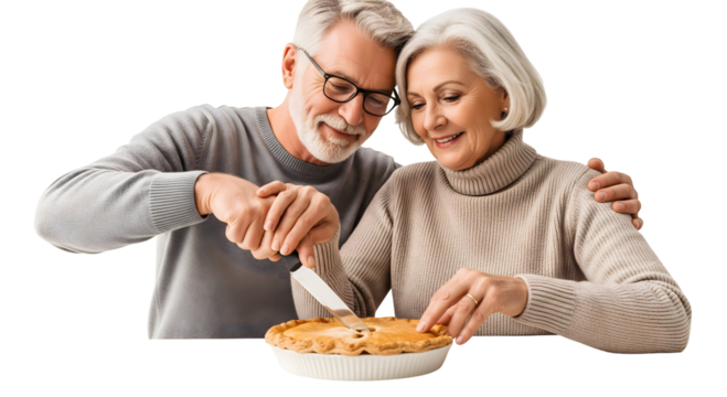 A senior couple happily cutting a pie together, symbolizing togetherness and shared moments, isolated on transparent background - Powered by Adobe